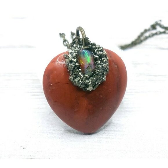 Red jasper heart and opal crystal necklace handmade - Picture 1 of 12